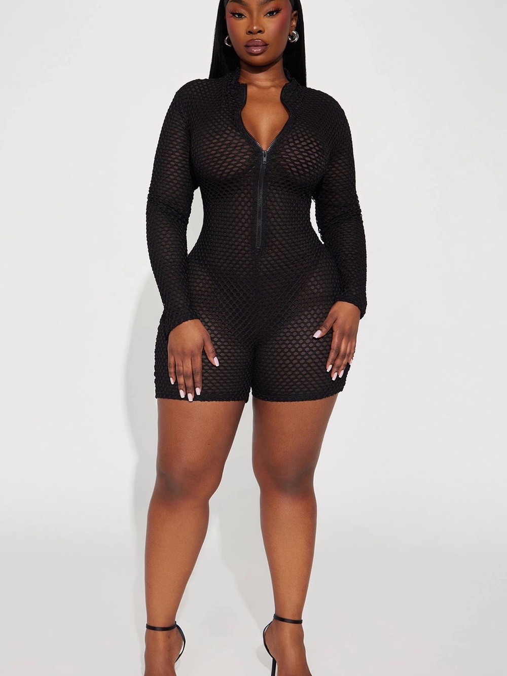 Fashion Nova Black Long-Sleeve Mesh Zip Romper